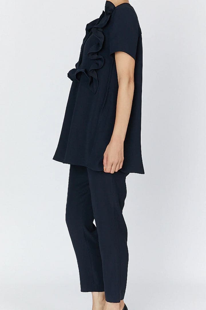 定価7万⭐︎ヨーコチャン　ハーフスリーブフリルトリムブラウス　半袖　ネイビー　36