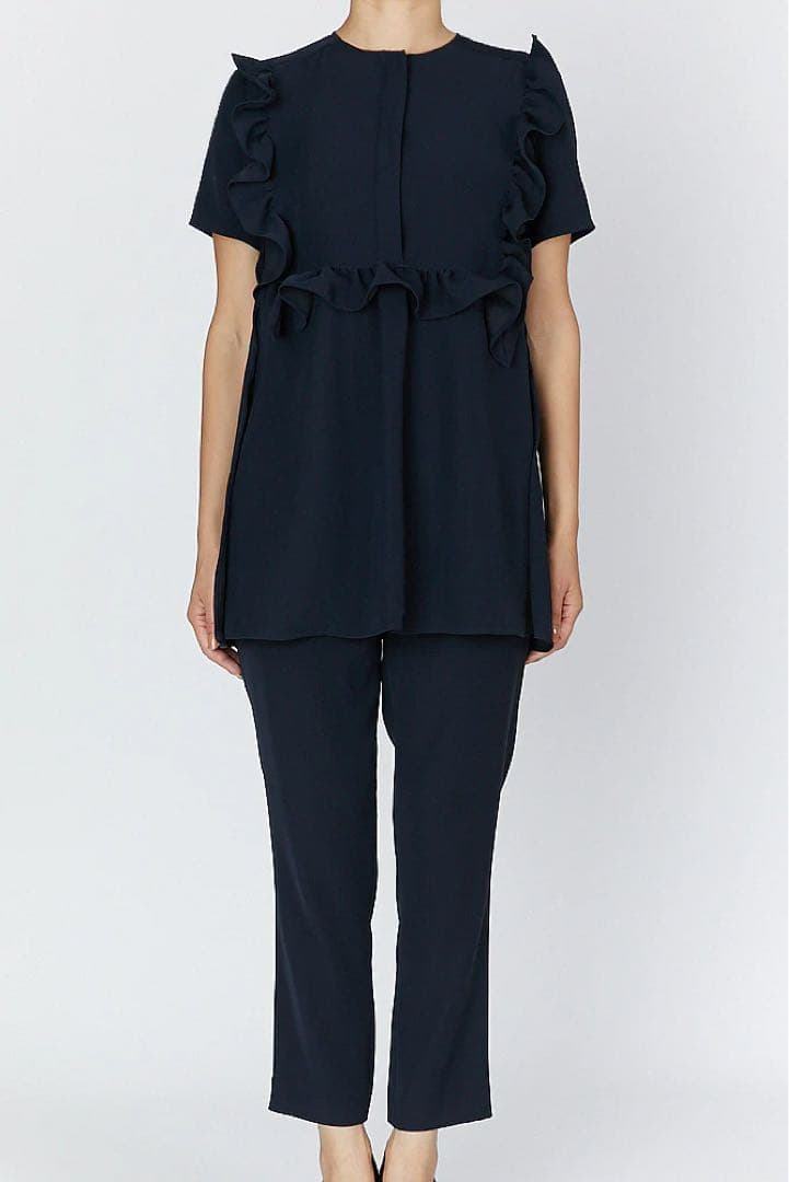 定価7万⭐︎ヨーコチャン　ハーフスリーブフリルトリムブラウス　半袖　ネイビー　36