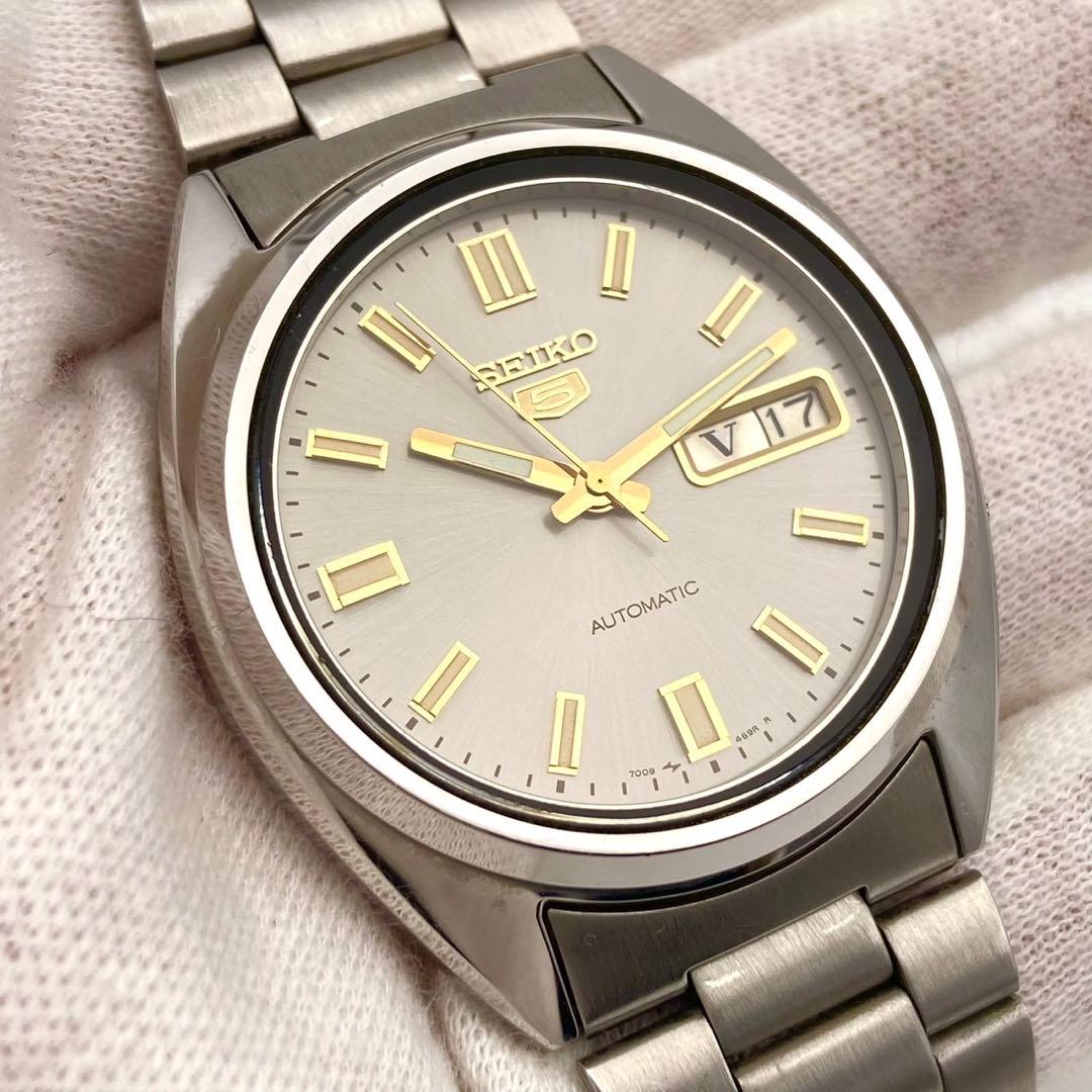 【稼働】SEIKO5 自動巻き 腕時計 デイデイト 美品 メンズ シルバー