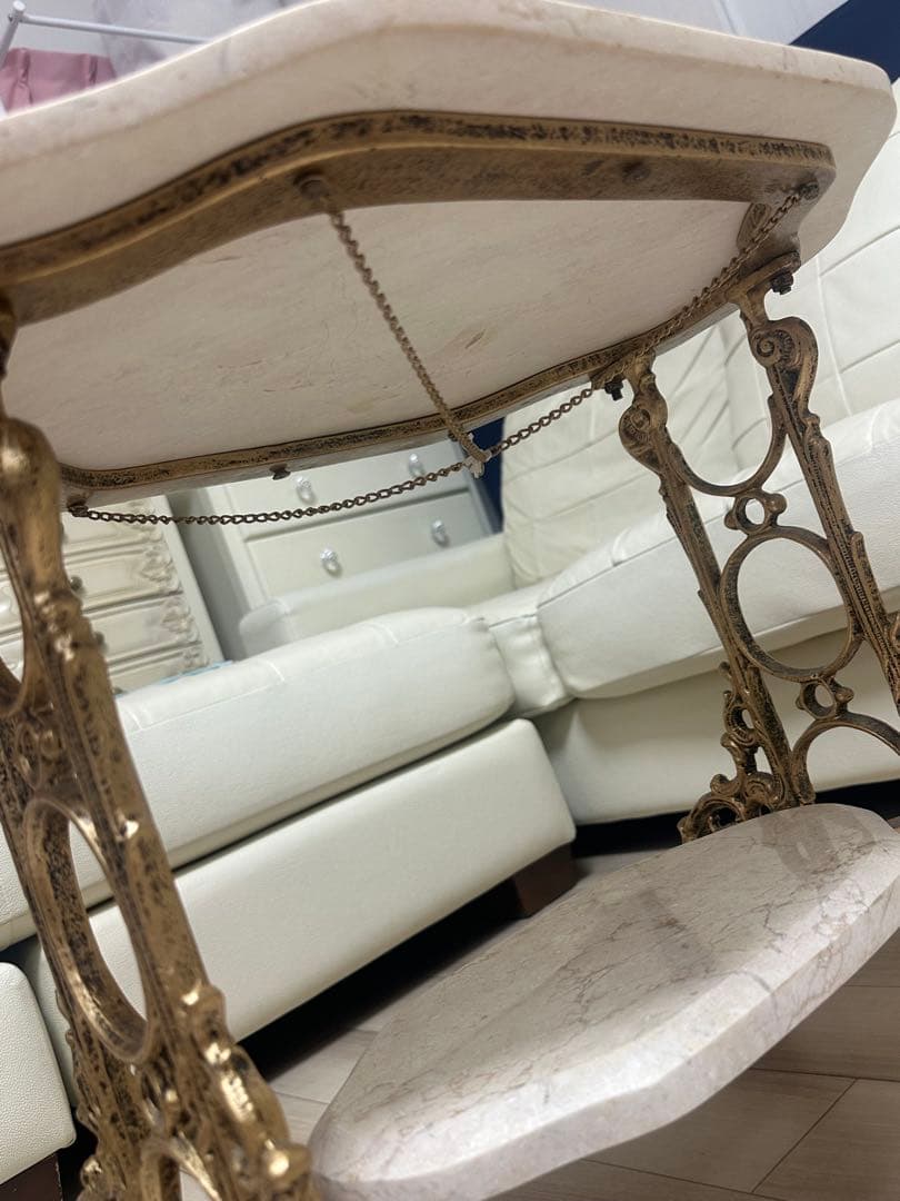 アンティーク調　大理石調　サイドテーブル　ゴールド脚