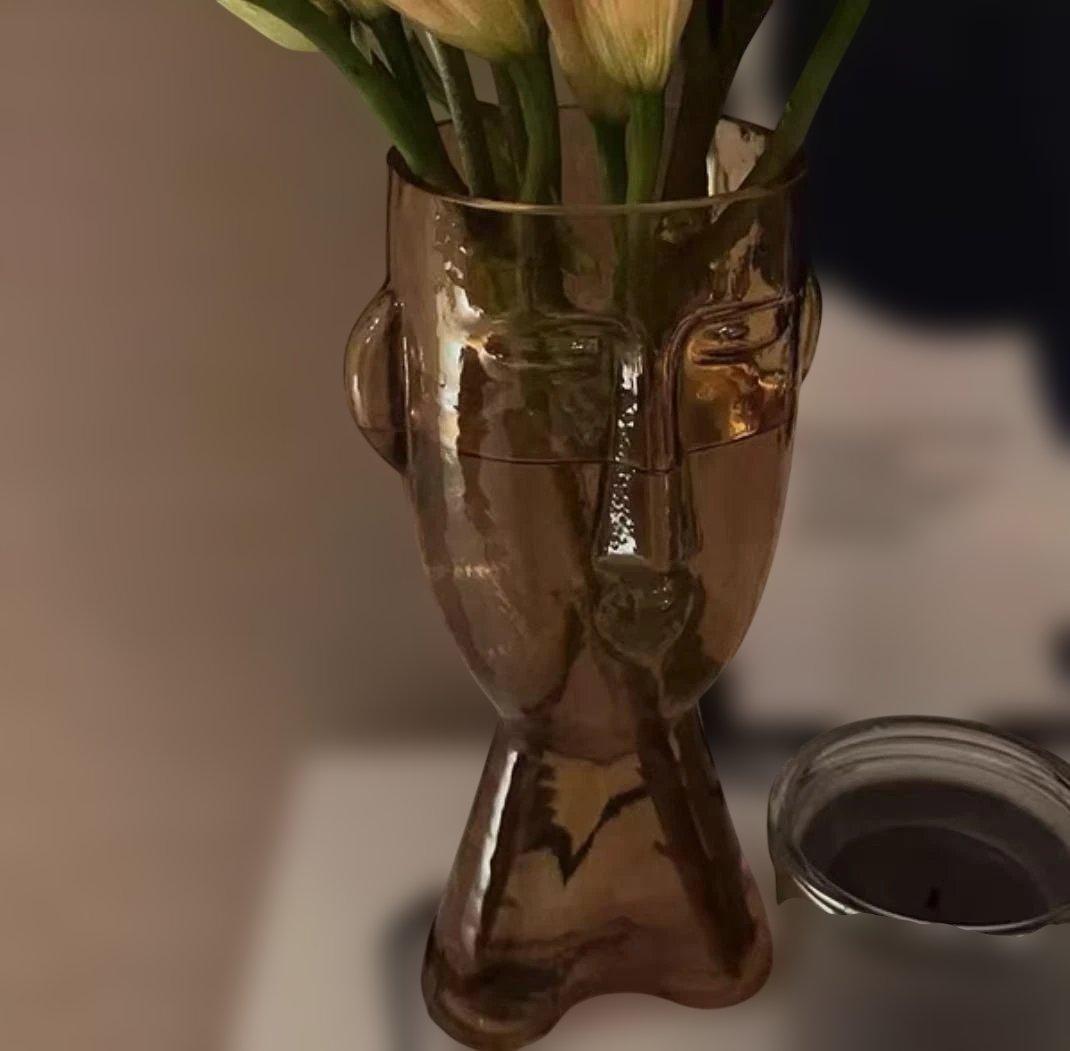 顔型アンバーガラス花瓶 約20cm