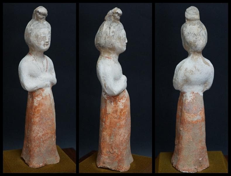 唐 加彩人物俑 貴婦人立像 唐木ガラスケース入り 置物 飾り物