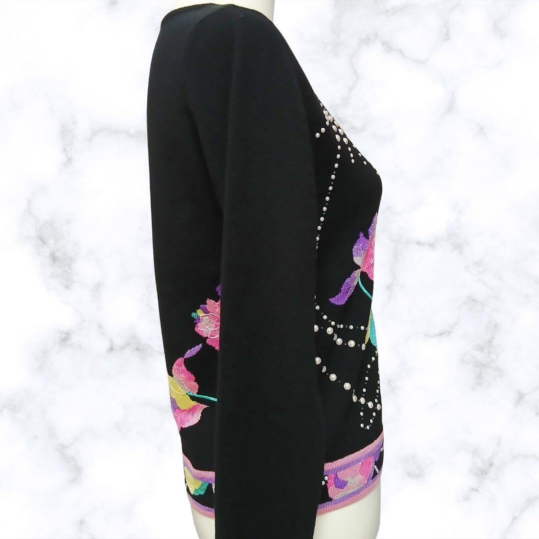 【美品】LEONARD レオナール　カシミヤ 刺繍ニット パール装飾 38