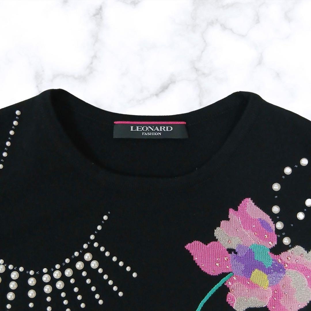 【美品】LEONARD レオナール　カシミヤ 刺繍ニット パール装飾 38