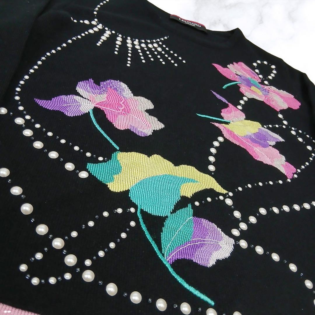 【美品】LEONARD レオナール　カシミヤ 刺繍ニット パール装飾 38