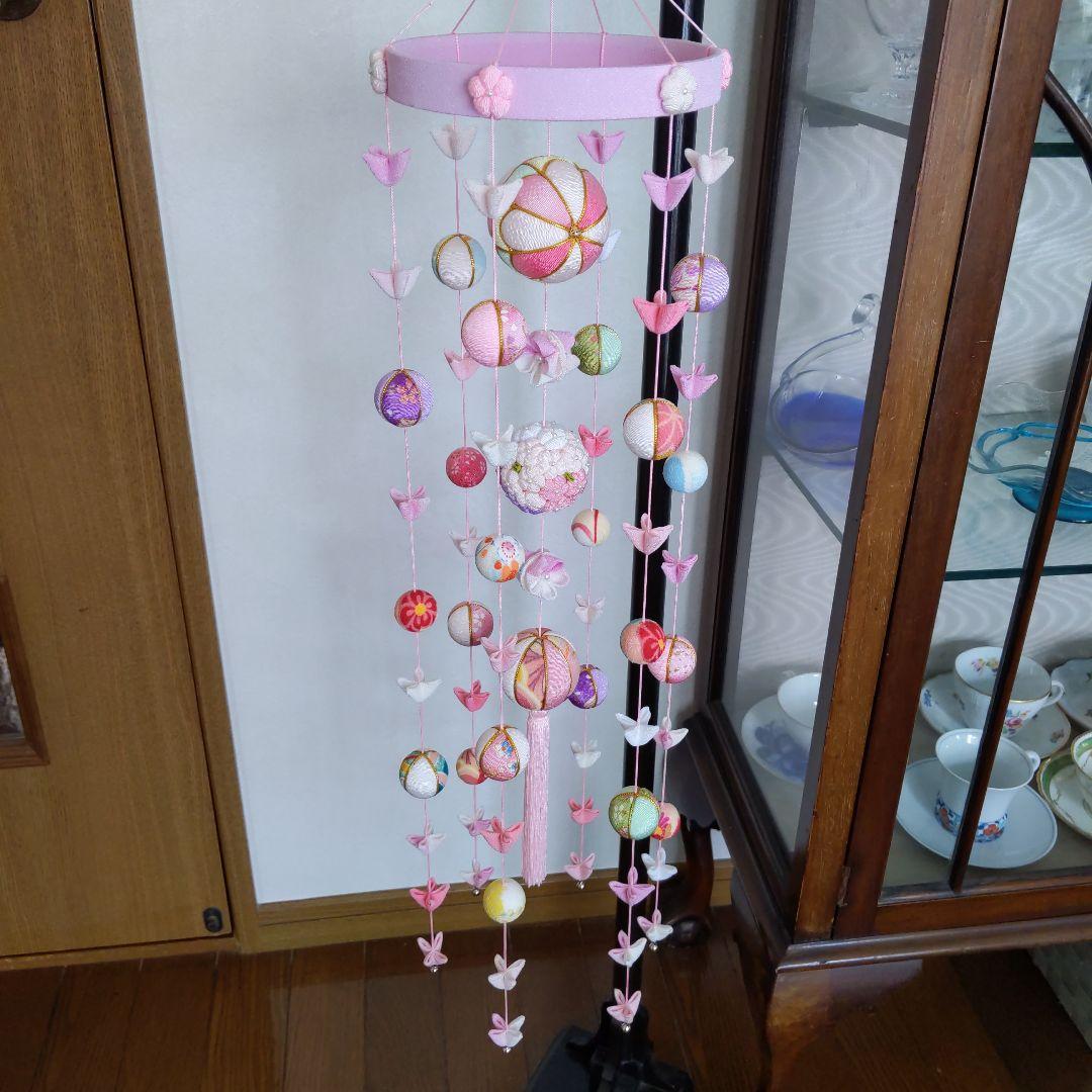 ちりめん細工　お花とまりの下げ飾り(大)　ピンク