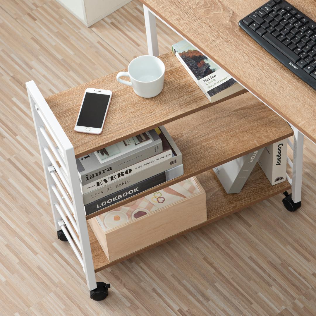 【ナチュラル】パソコンデスク キャスター付きで移動可能ラック付き ワークデスク