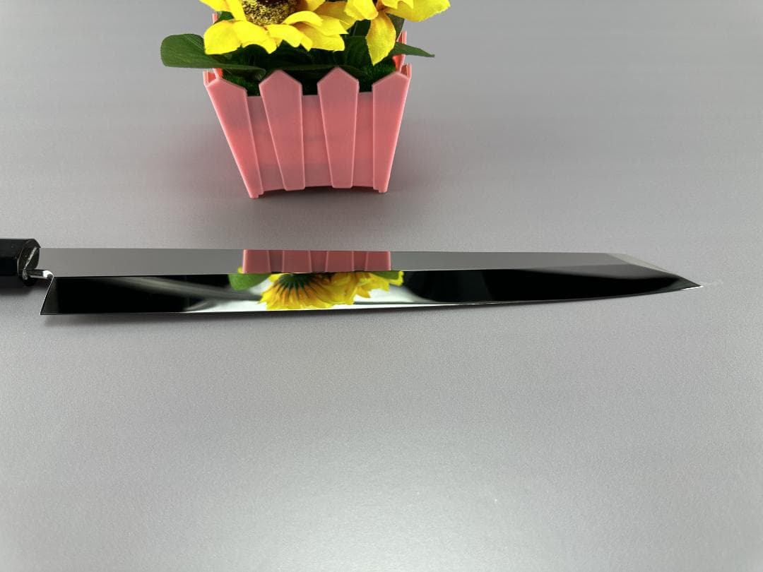 5535切付柳刃包丁 尺 ウルトラ鏡面仕上げ 刺身包丁 黒檀黒水牛一本銀巻八角柄