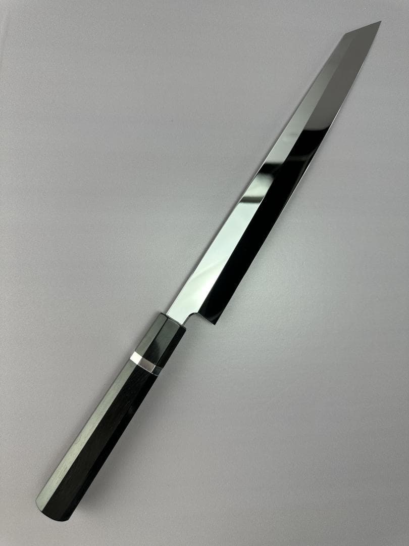 5535切付柳刃包丁 尺 ウルトラ鏡面仕上げ 刺身包丁 黒檀黒水牛一本銀巻八角柄
