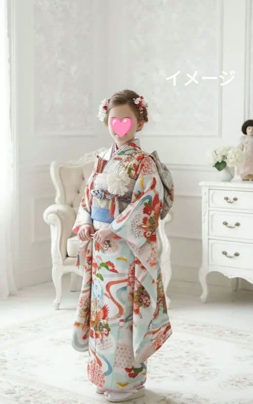 アンティーク白、ブルーの着物と作り帯セット