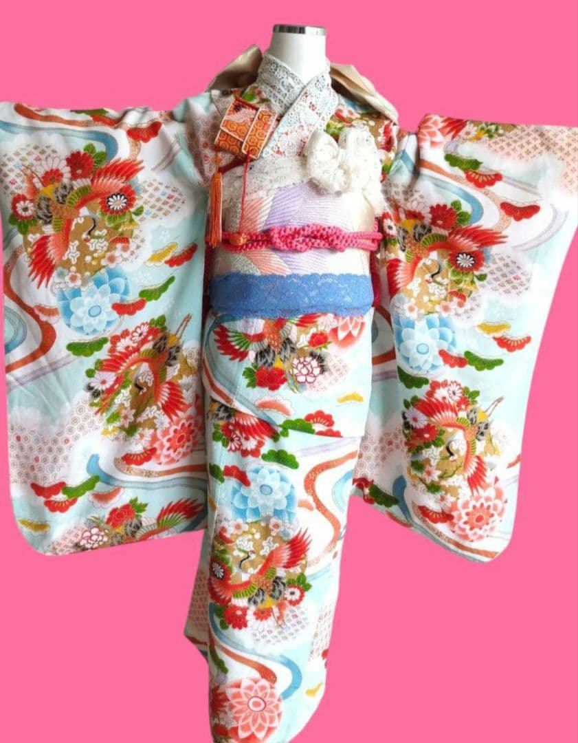 アンティーク白、ブルーの着物と作り帯セット
