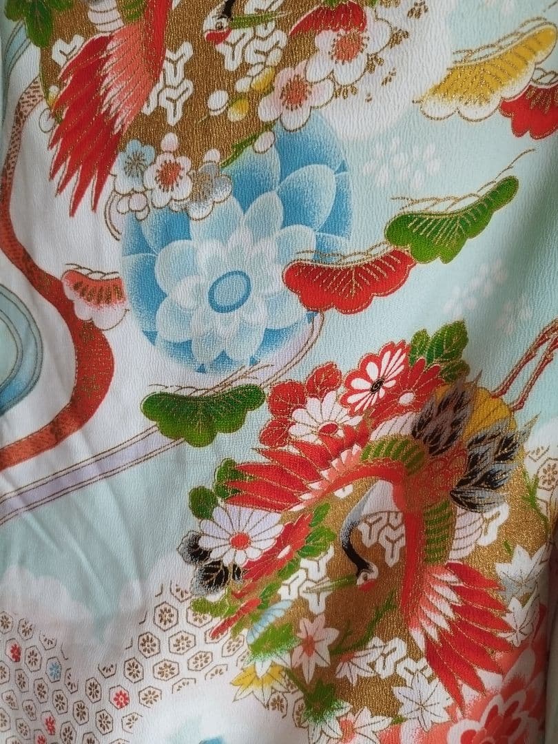 アンティーク白、ブルーの着物と作り帯セット