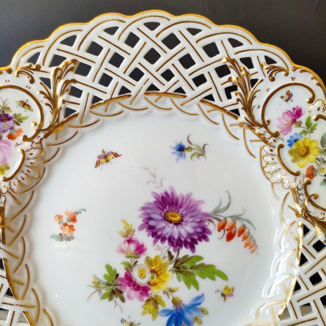 マイセン フワラーブーケ 金彩 昆虫 透かしプレート １級品 美品 ローズ小花③