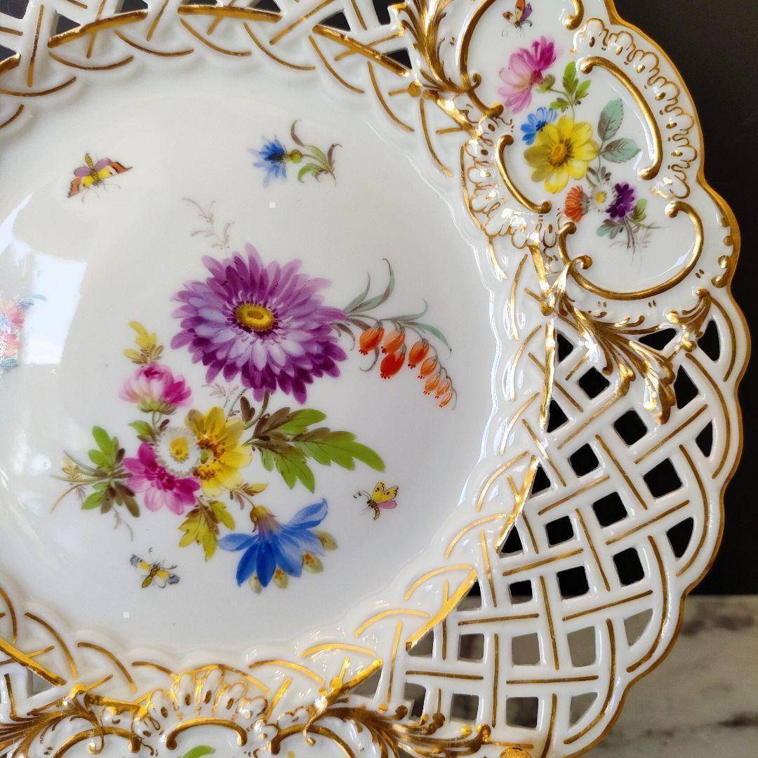 マイセン フワラーブーケ 金彩 昆虫 透かしプレート １級品 美品 ローズ小花③