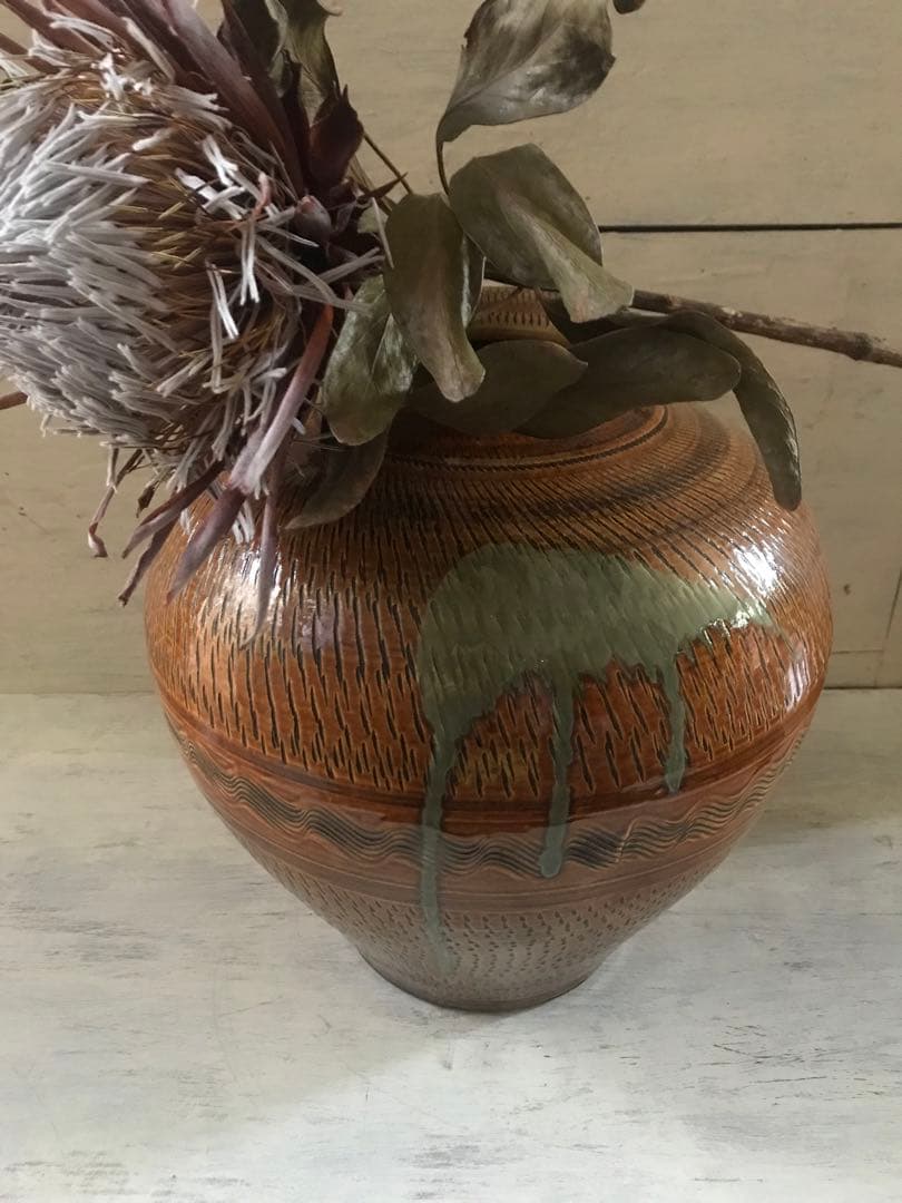 小鹿田焼　壺　花瓶　打ち掛け　飛びかんな