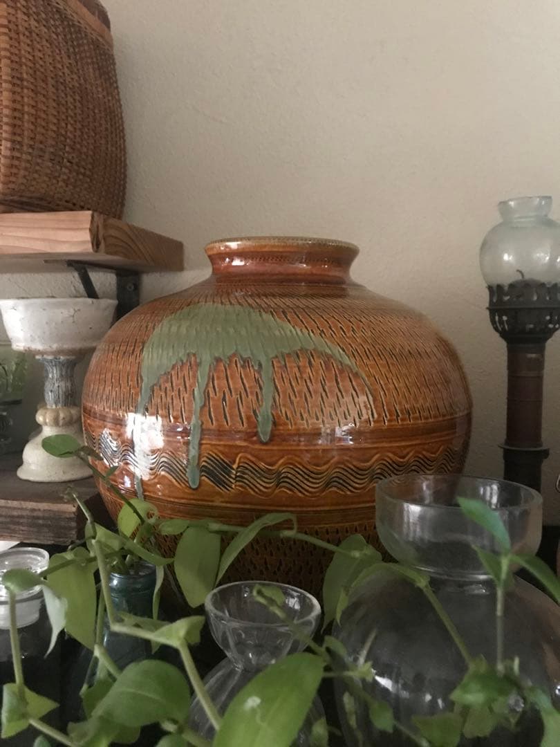 小鹿田焼　壺　花瓶　打ち掛け　飛びかんな