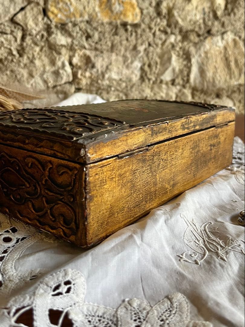 ◆フランスアンティーク｜手作り古い木箱、手書き油絵花小物入れアールヌーボー絵画