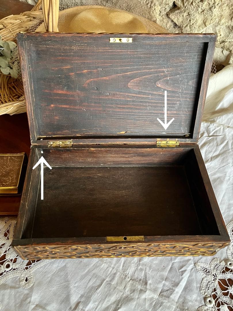 ◆フランスアンティーク｜手作り古い木箱、手書き油絵花小物入れアールヌーボー絵画
