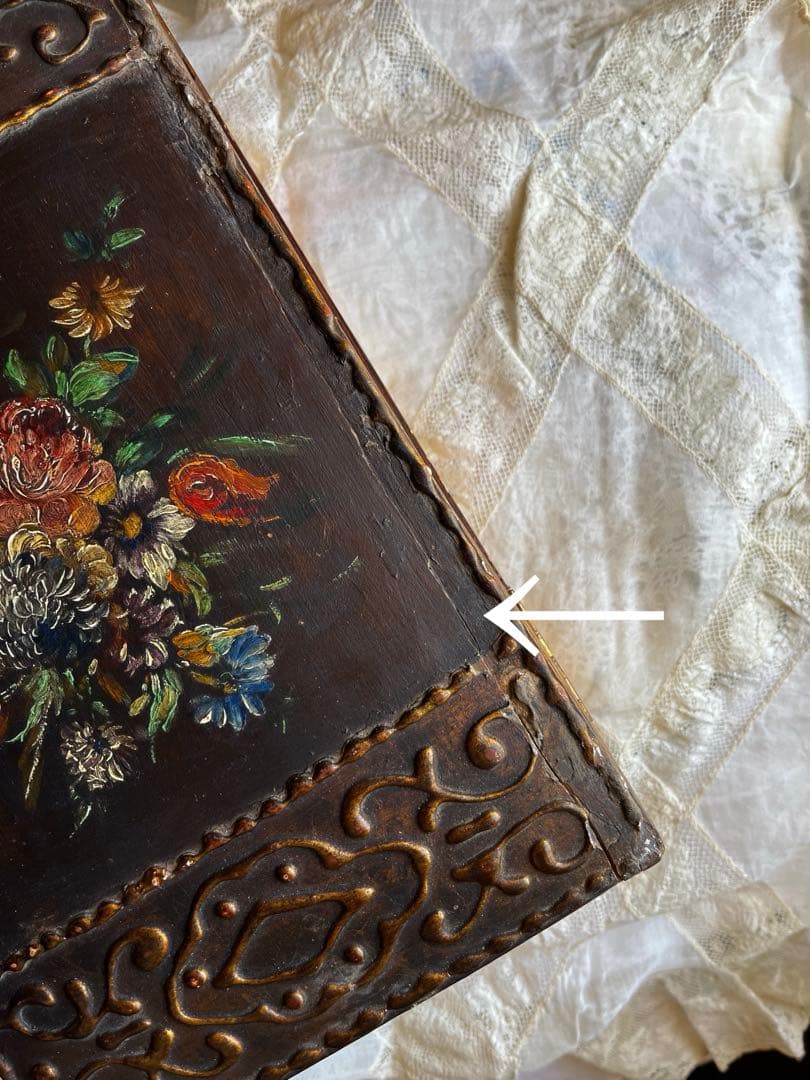 ◆フランスアンティーク｜手作り古い木箱、手書き油絵花小物入れアールヌーボー絵画