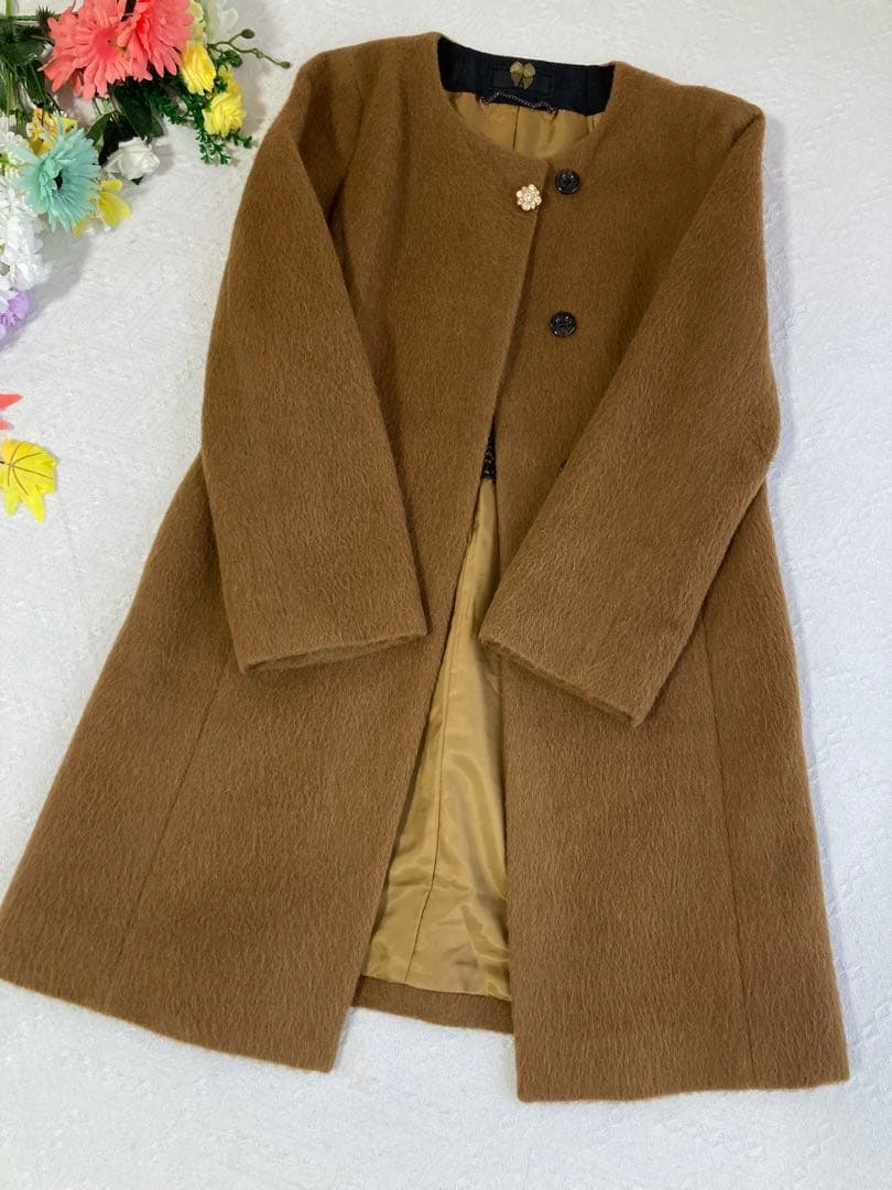 美品INED イネド アルパカ　毛混入　ノーカラーコート ロングコート