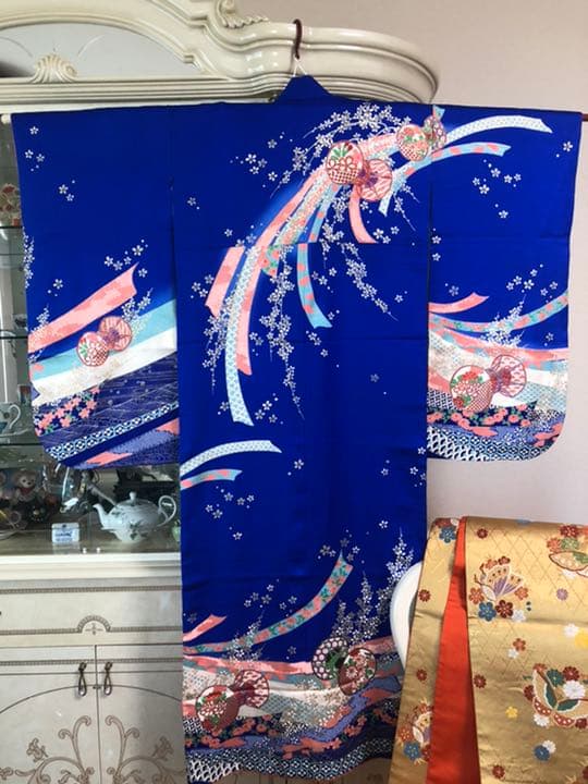 【7才着物/美品】七五三着物フルセット　ロイヤルブルー　※着画写真右側