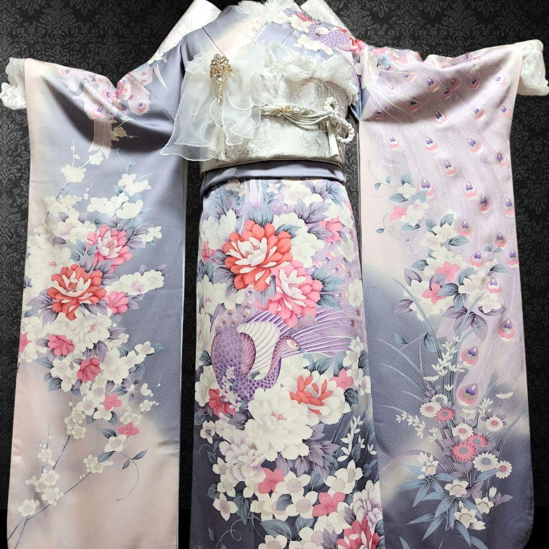 振袖フルセット(9点)・成人式・くすみ・グレー・ピンク・銀彩加工・胴裏正絹・逸品