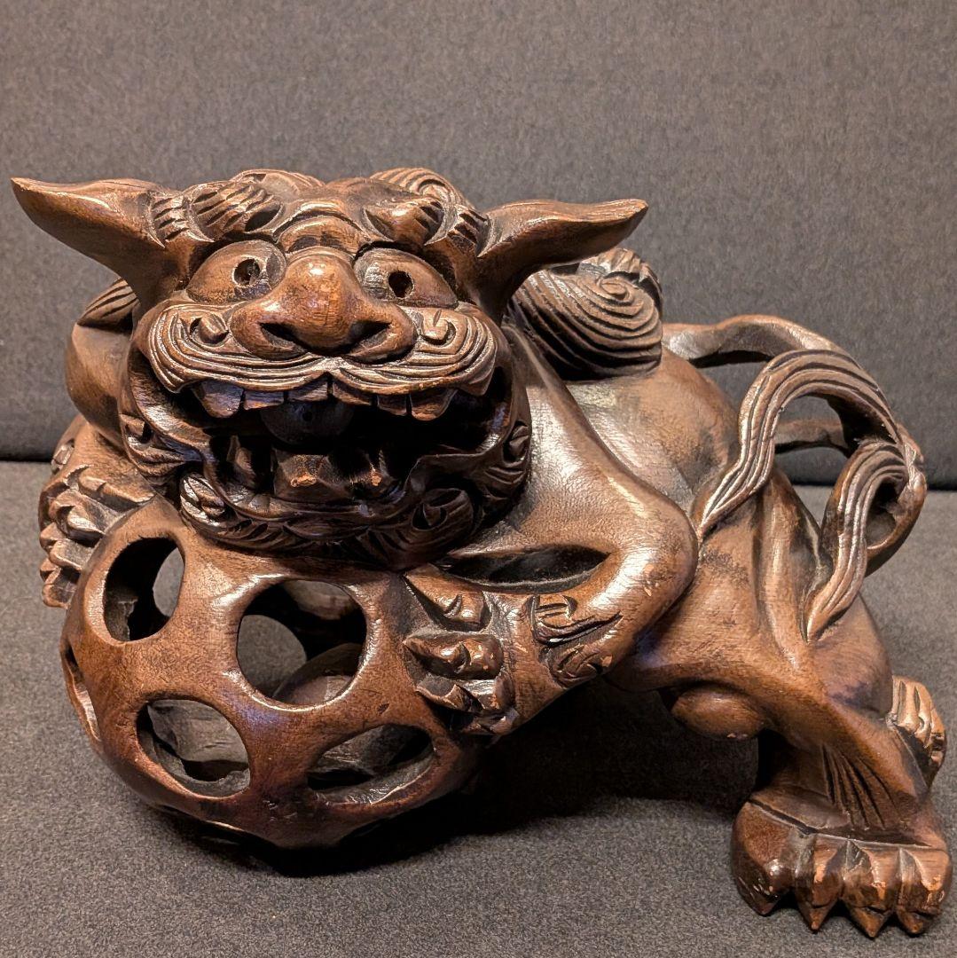 木彫 獅子 置物 一対｜唐獅子 透かし彫り 国際獅子会 敬贈 縁起物