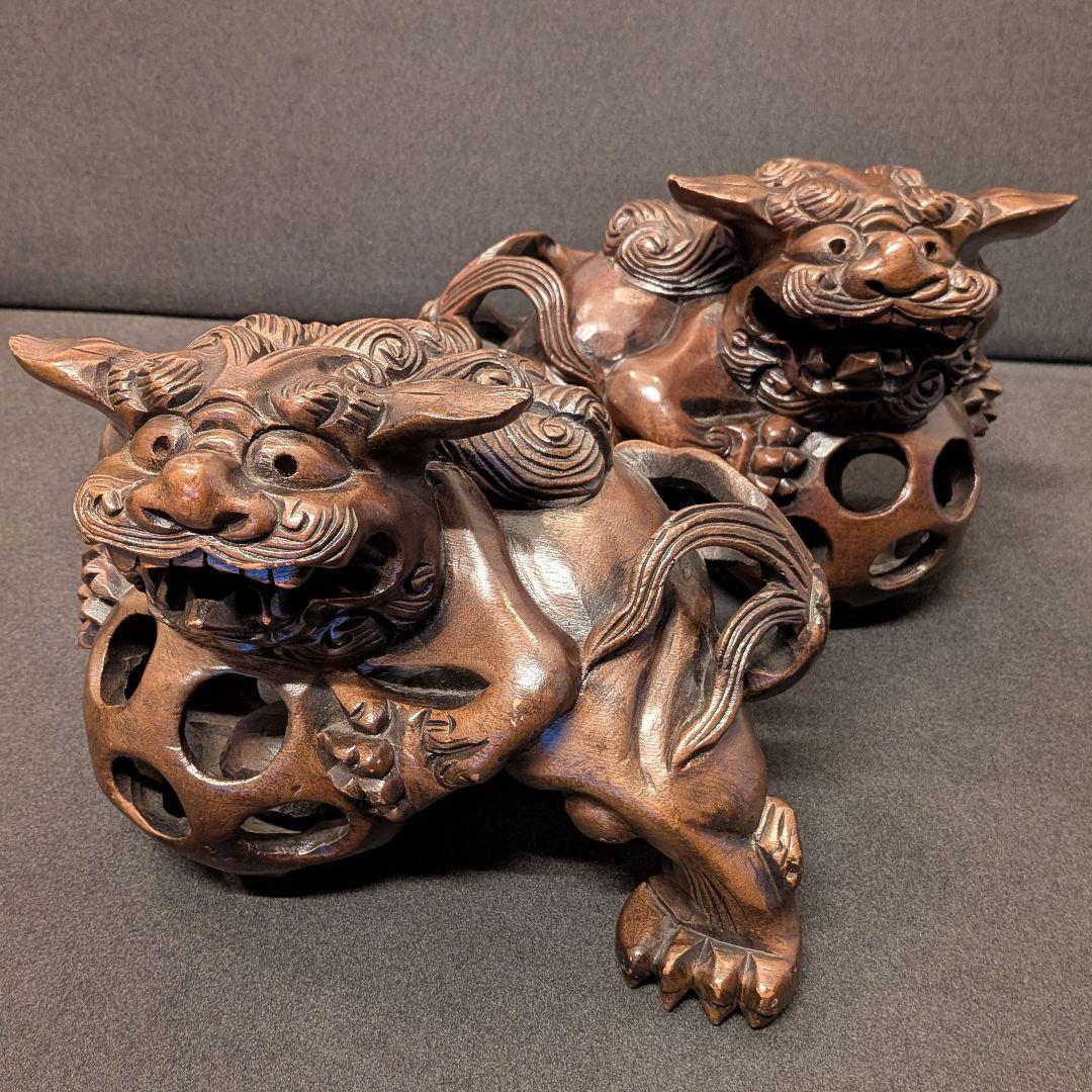 木彫 獅子 置物 一対｜唐獅子 透かし彫り 国際獅子会 敬贈 縁起物