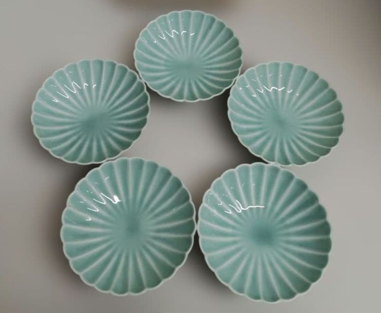 深川製磁　青磁菊割小付揃　菊花　5枚セット　未使用