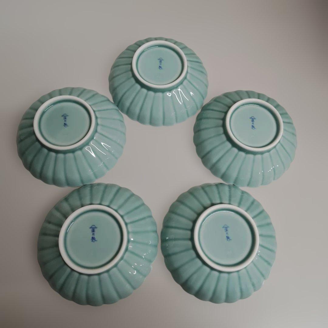 深川製磁　青磁菊割小付揃　菊花　5枚セット　未使用