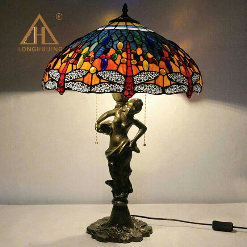 ティファニースタイルテーブルランプ電気スタンドガラスランプシ \r青のトンボ女7