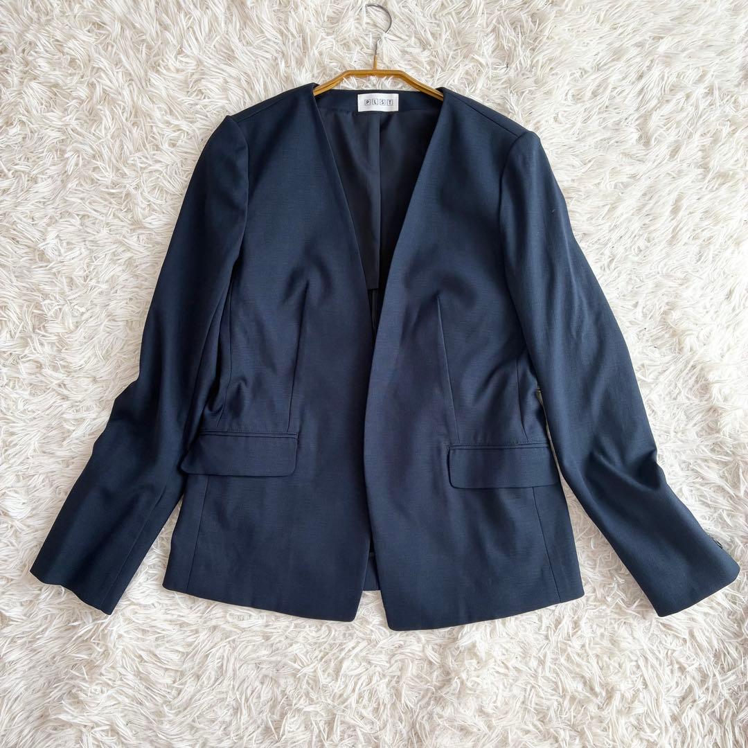 PLST リネンブレンドカラーレスジャケット セットアップ 麻混 ネイビー Ｍ