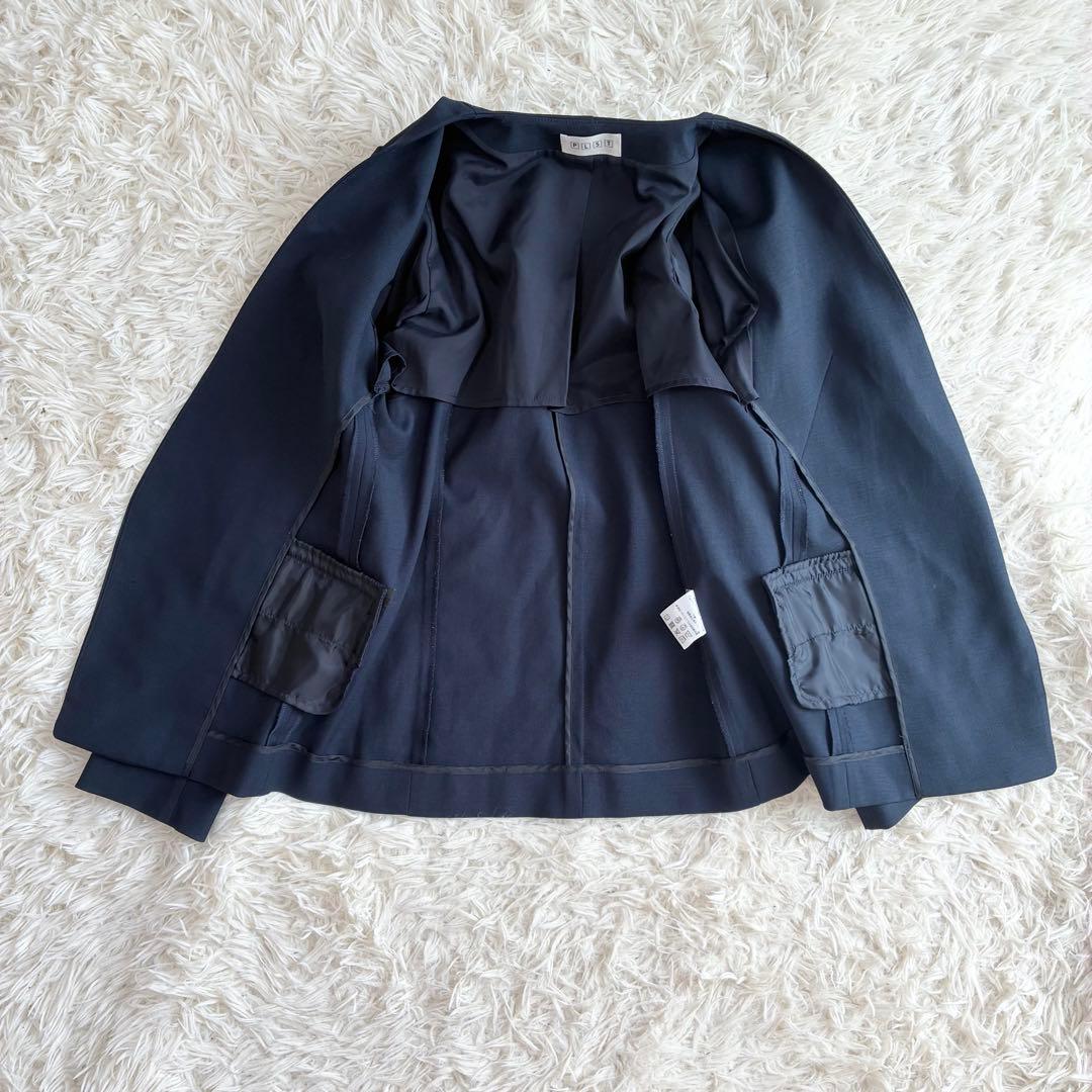 PLST リネンブレンドカラーレスジャケット セットアップ 麻混 ネイビー Ｍ