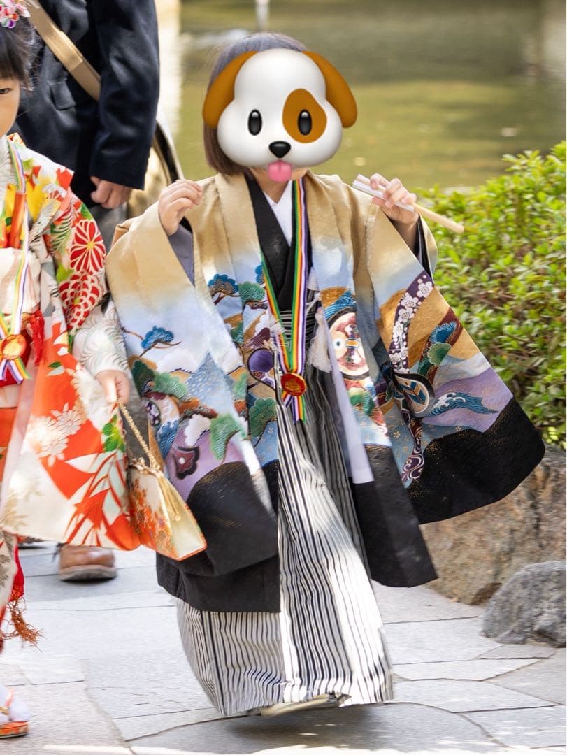 簡単袴セット　七五三　5歳　男の子　セット　一式　黄土色　兜　縦縞袴【お値下げ】