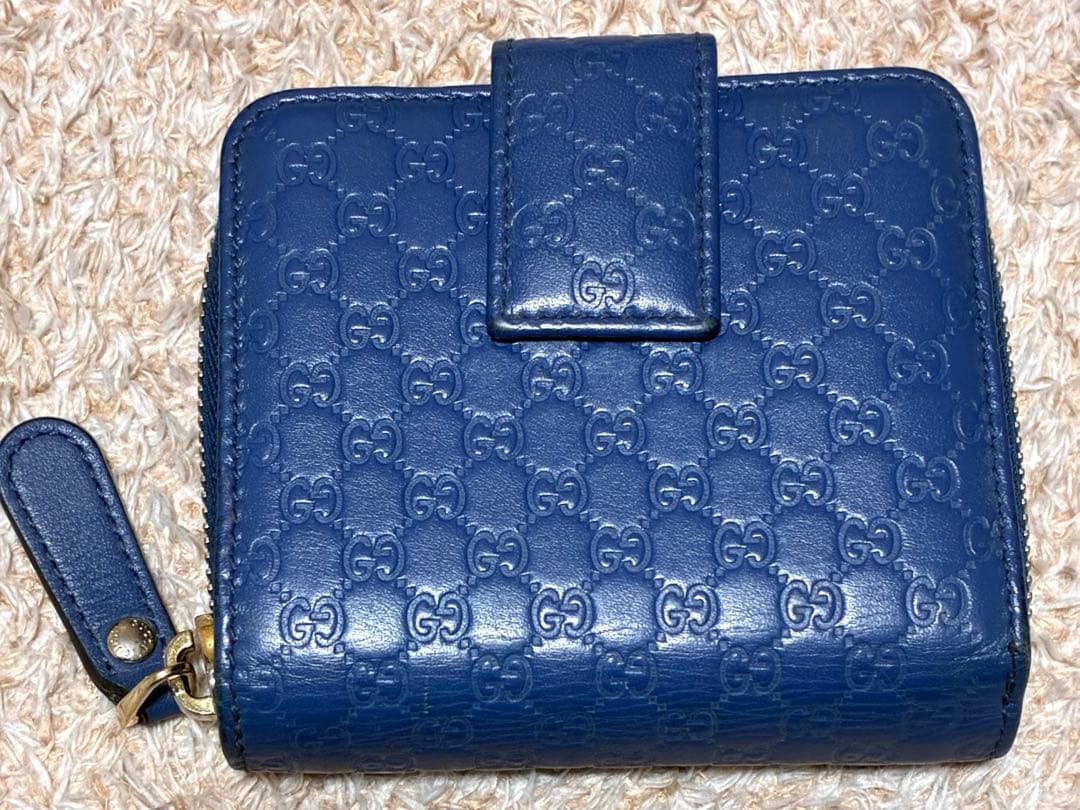 グッチ　折り財布　マイクロシマ　 gg ラウンドジップ レザー　ネイビー