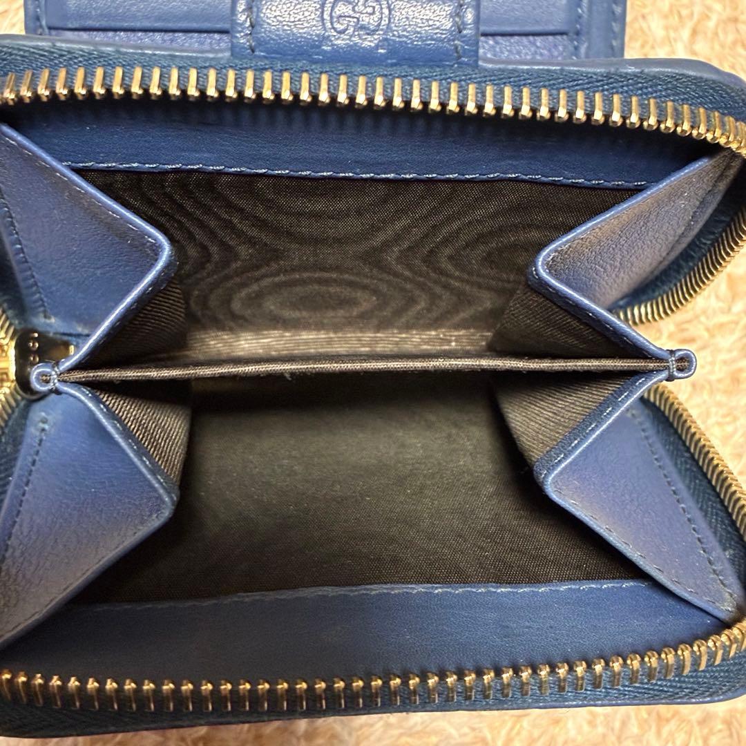 グッチ　折り財布　マイクロシマ　 gg ラウンドジップ レザー　ネイビー