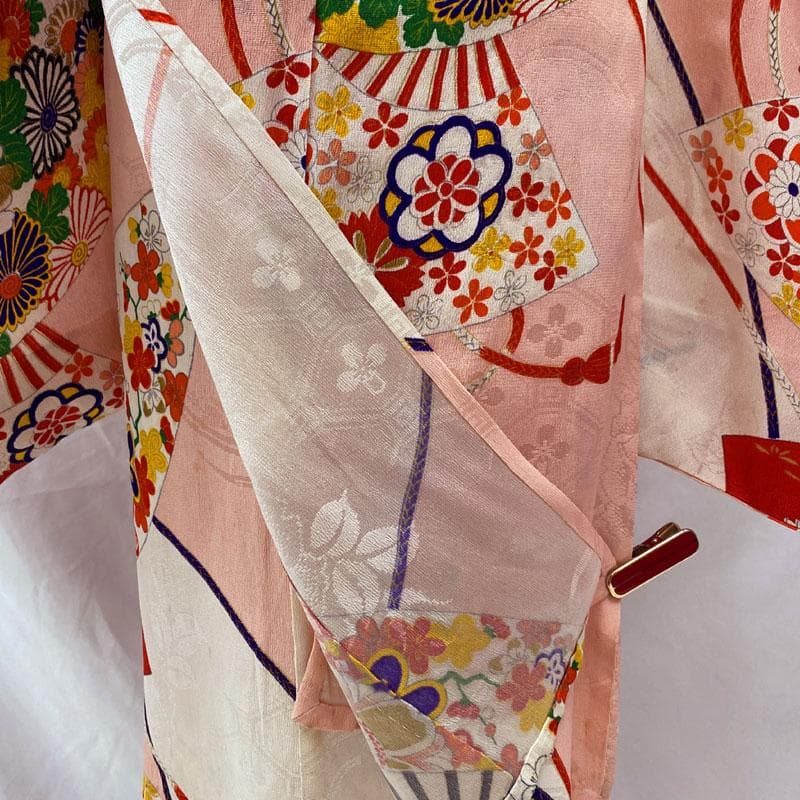 ◎508ag52◎七五三 七歳 女児 アンティーク着物&丸帯 単衣 総柄 白◎