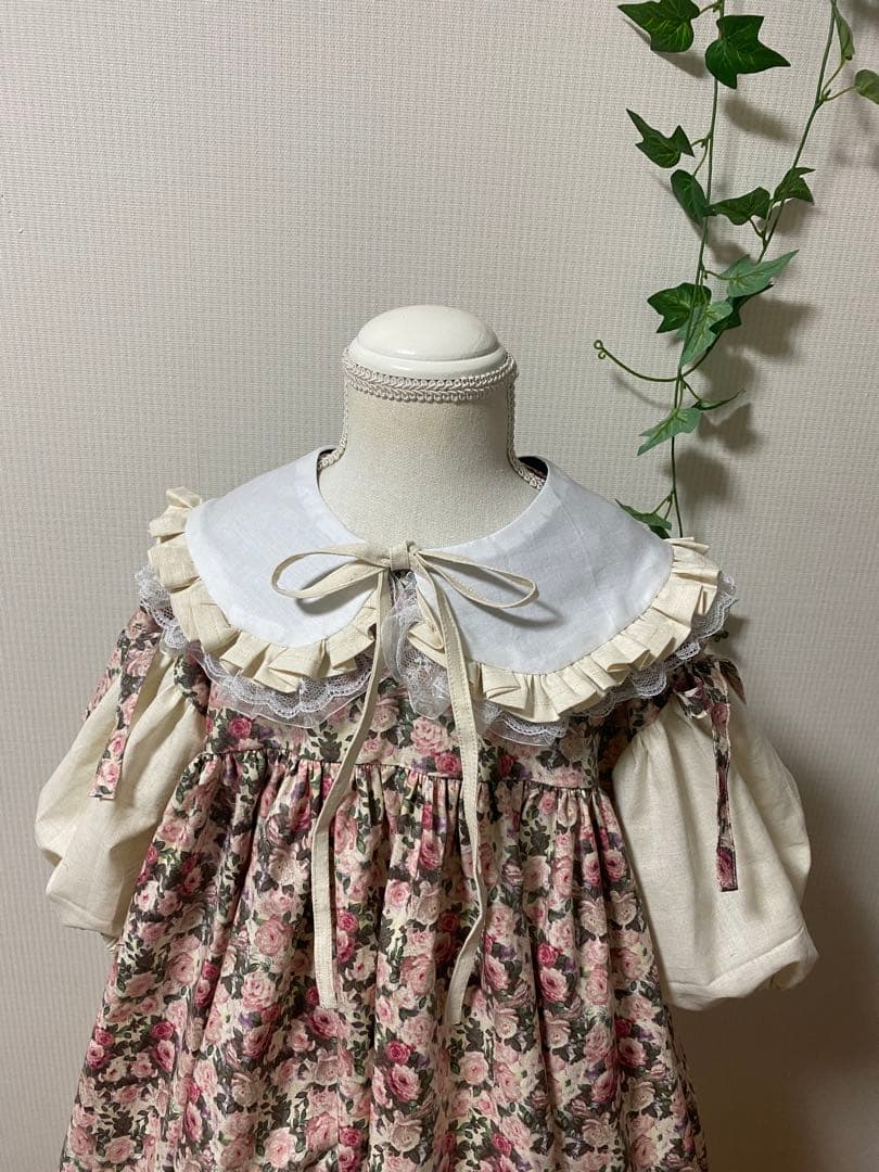 ハンドメイド　ふっくら袖ワンピース　90㎝つけ襟セット