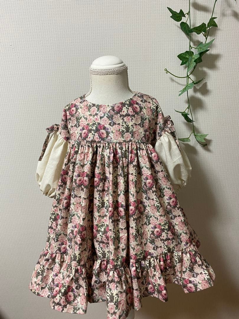 ハンドメイド　ふっくら袖ワンピース　90㎝つけ襟セット