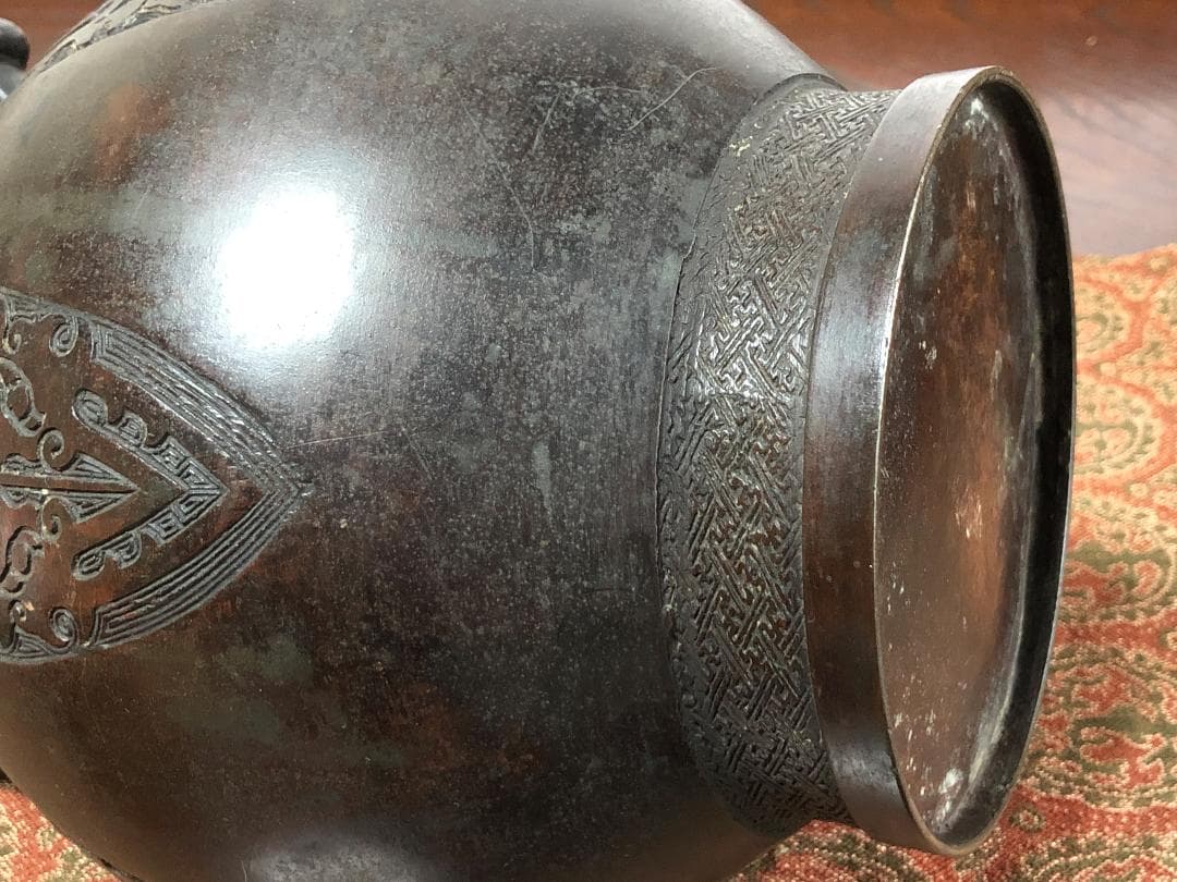 【 唐銅双耳壺 】 花入/花生 清朝初期 中国古玩