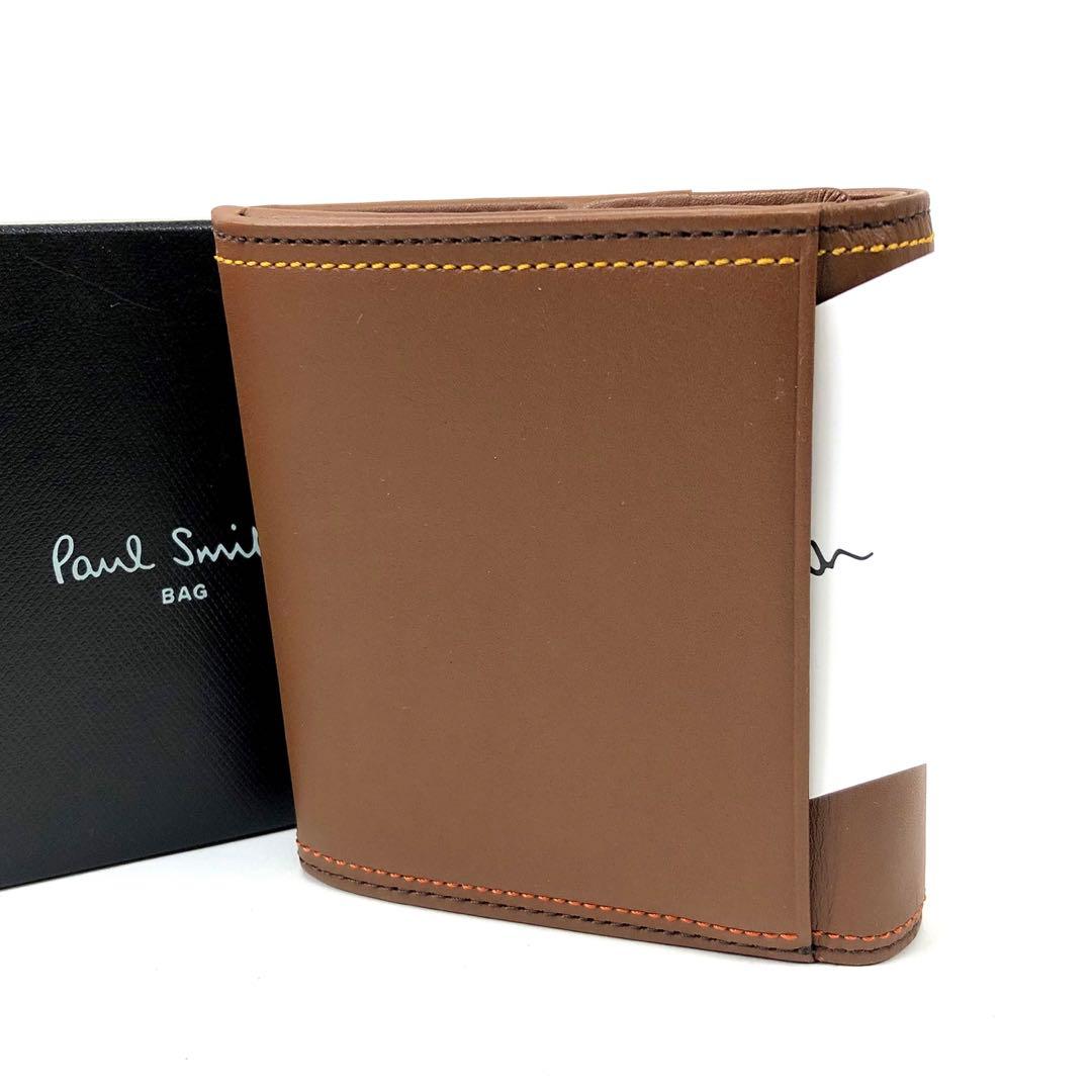 箱新品 ポールスミス 二つ折り財布 コンパクト レザー キャメル　75Q023