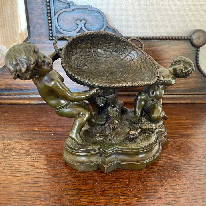 フランスオーギュストモローブロンズ像　籠を抱える二人の天使とても可愛いサインあり