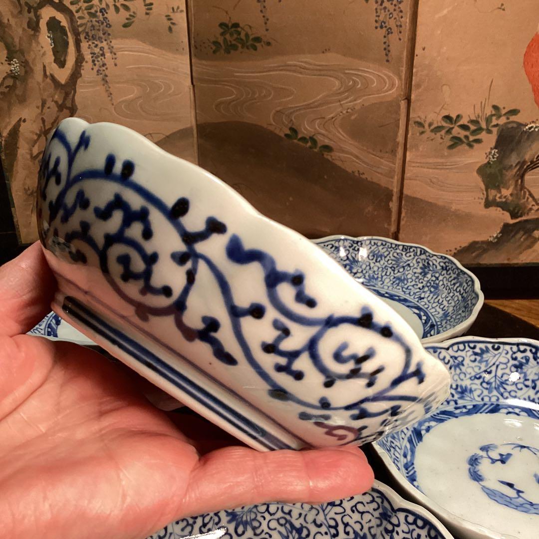 A1026 古伊万里　染付　微塵唐草模様　膾皿　　5客