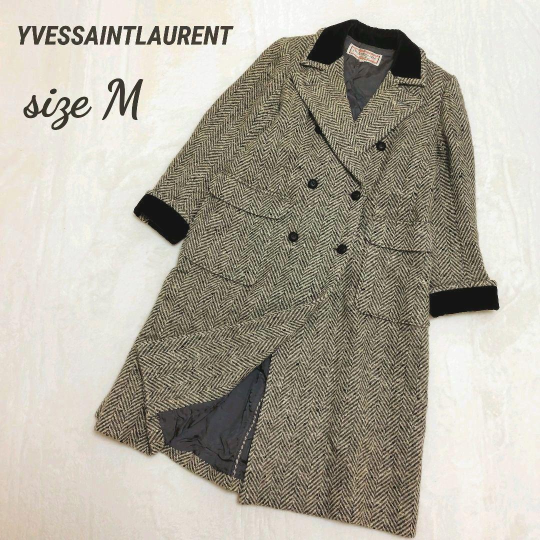 イヴサンローラン ダブルブレストコート ヘリンボーン ツイード ベロア切替