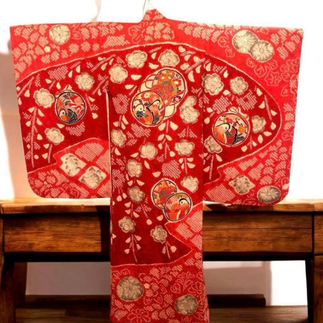 七五三 着物 女の子 正絹 本絞り 手描き友禅 古典柄 赤 長襦袢セット