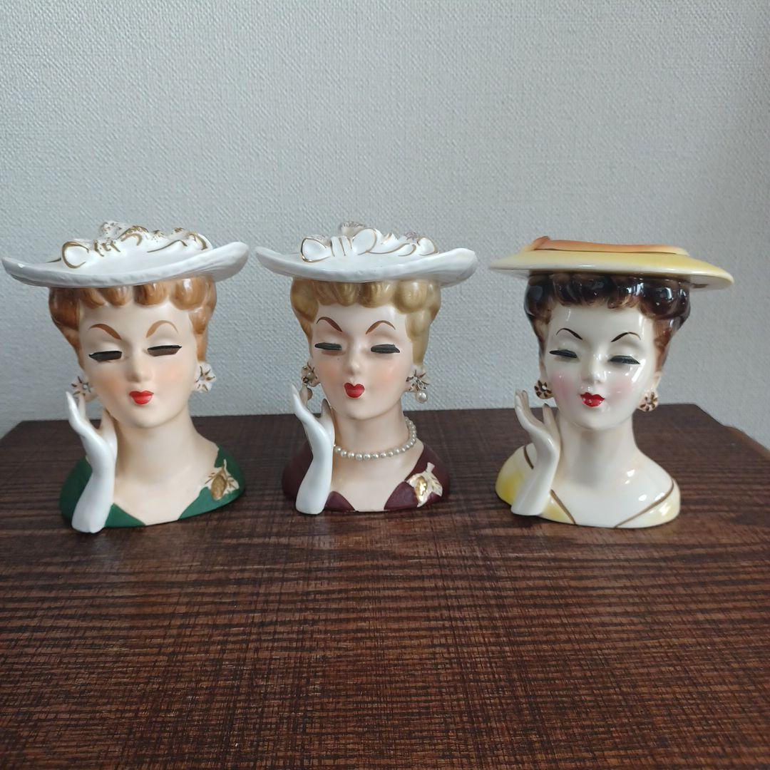 ビンテージ レディヘッドベース 陶器製置物花瓶　右手を頬の添えた美女3点セット