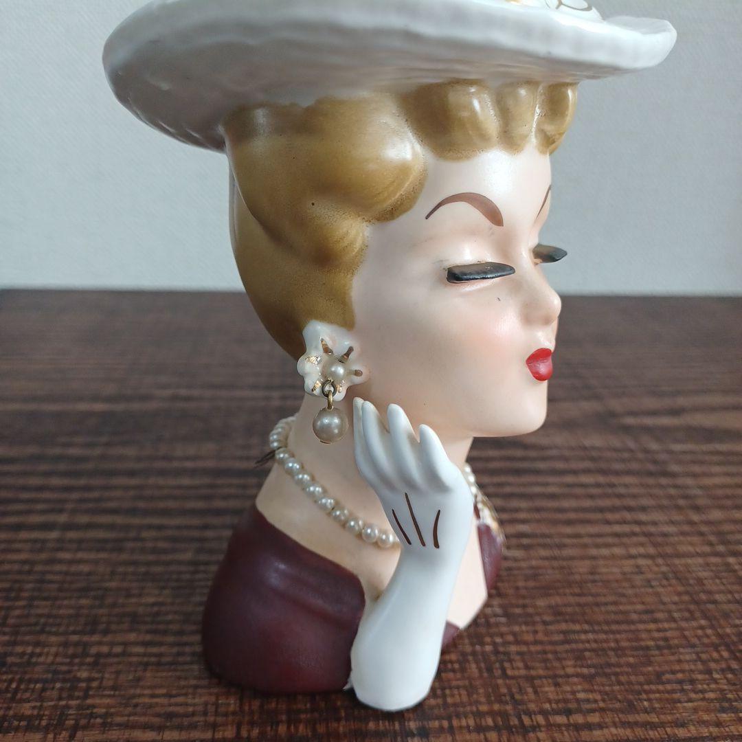 ビンテージ レディヘッドベース 陶器製置物花瓶　右手を頬の添えた美女3点セット