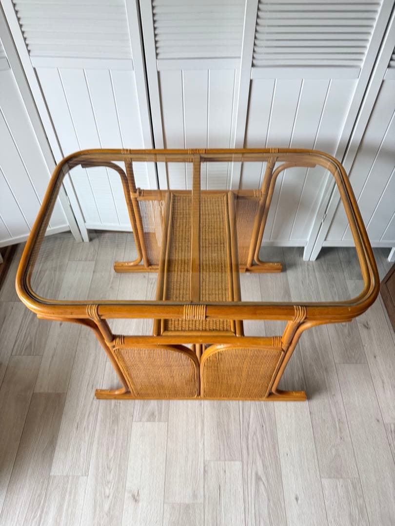 ラタン ガラステーブル 籐 ダイニングテーブル レトロ ビンテージ