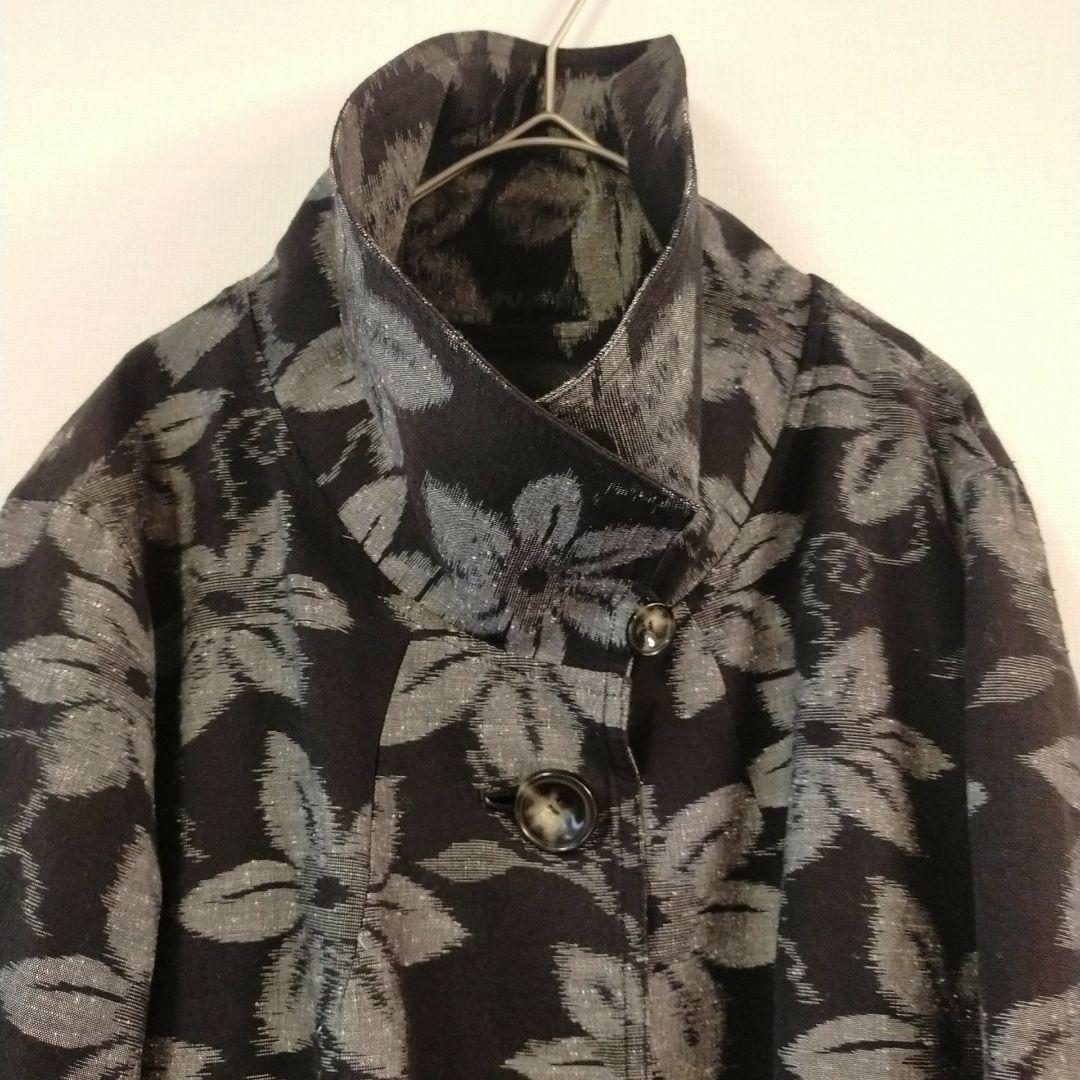 儀右ェ門ギエモン　花柄 黒 ロングコート　久留米絣