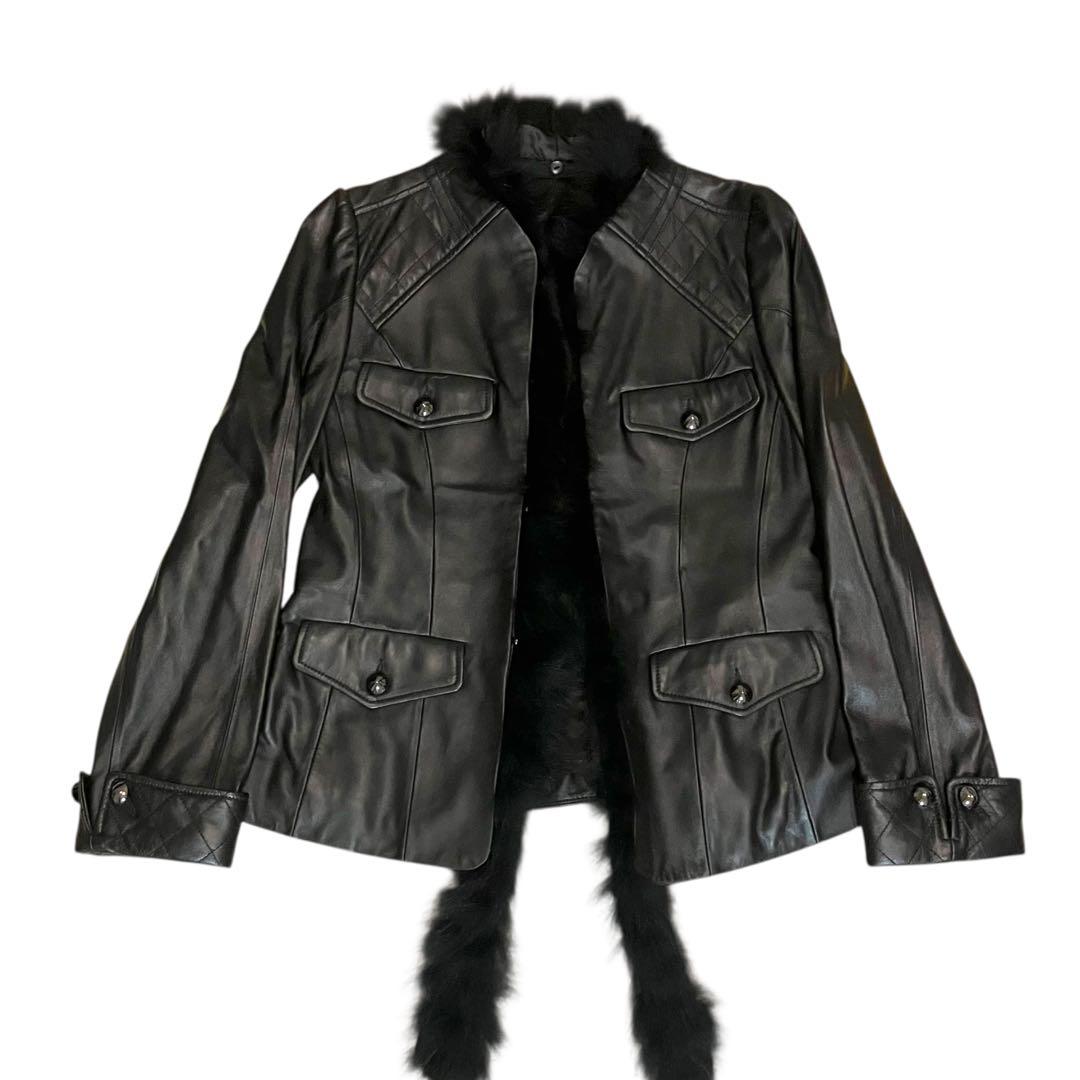美品 インゲボルグ 本革 ラムレザー ミンクファー ジャケット ブラック 9号
